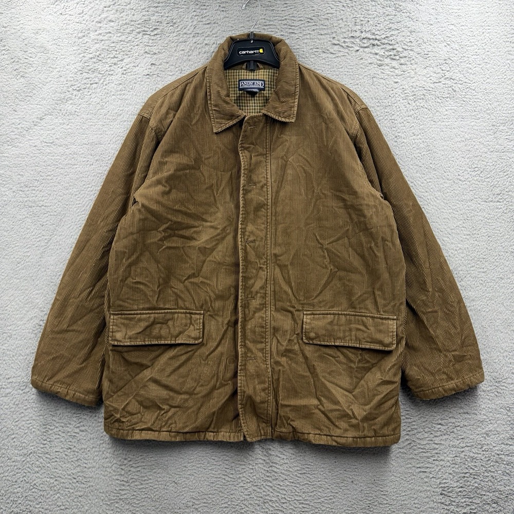 Lands End Chore Jacket Field Barn Coat Corduroy Trim Plaid Lined Tan Men Large